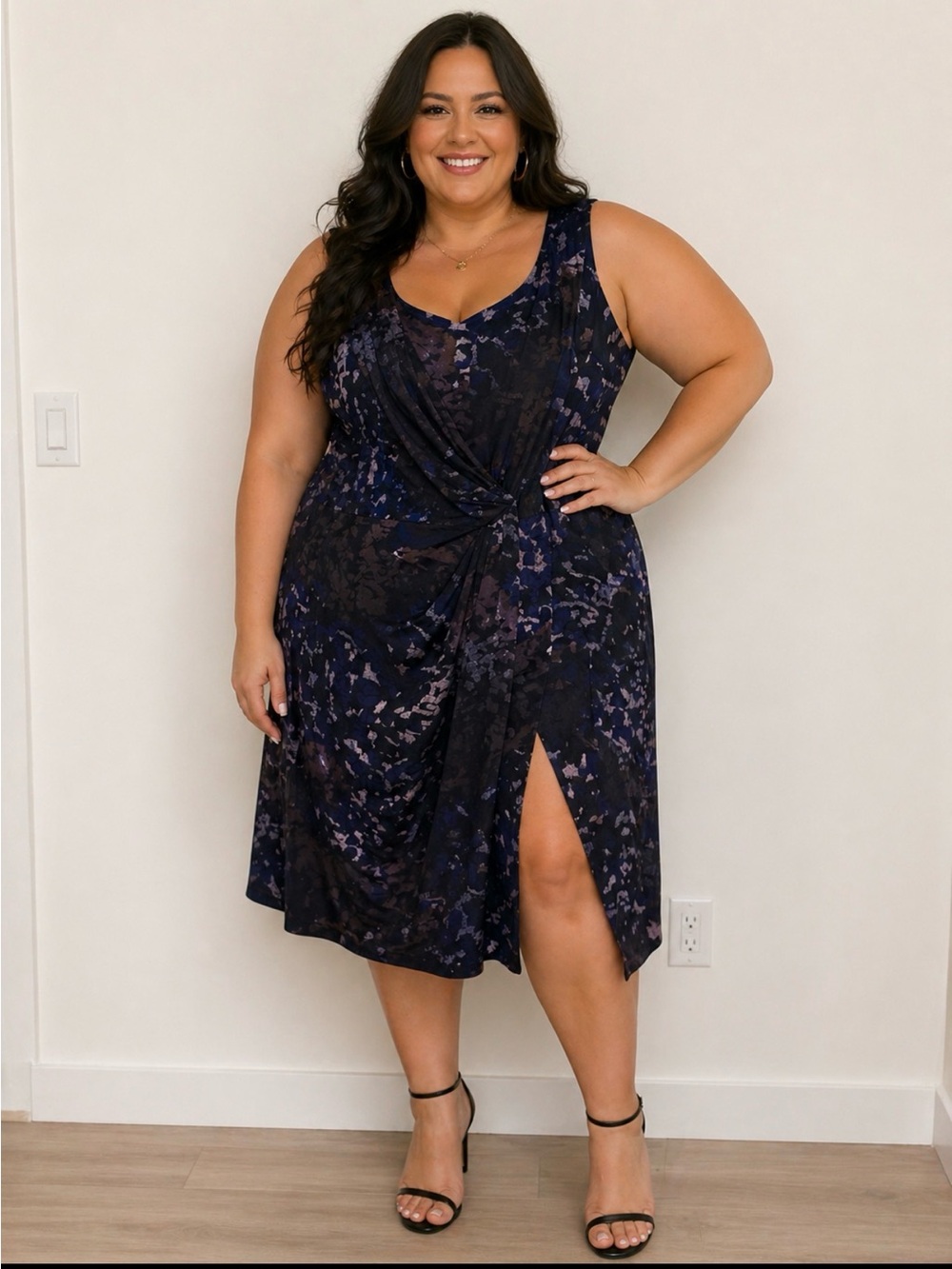 Marina Rinaldi Navy and Black Floral Draped Midi Dress